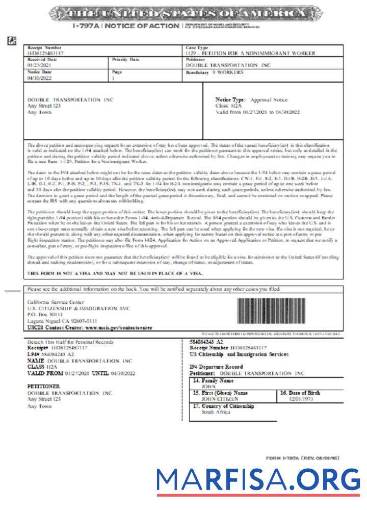 Downloadable USA Notice of Action Form I 797A template